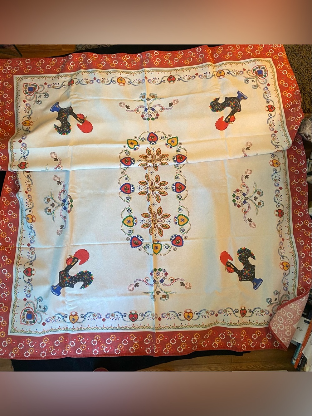 Vintage COTTON TABLECLOTH - RED BORDER - ROOSTER - PORTUGAL - 56 By 70